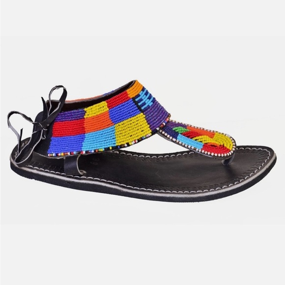 Beaded African Gladiator Sandal Bohemian Leather Masai Kenya US 8/8.5 EUR 39 - Picture 2 of 5